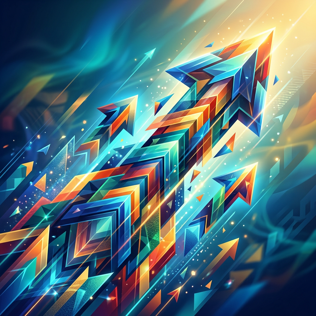 Vibrant geometric arrows in blue, orange, and yellow pointing upward