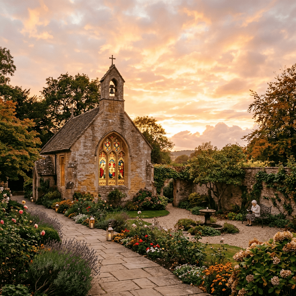 Stone chapel with stained glass window glowing at sunset in vibrant flower garden