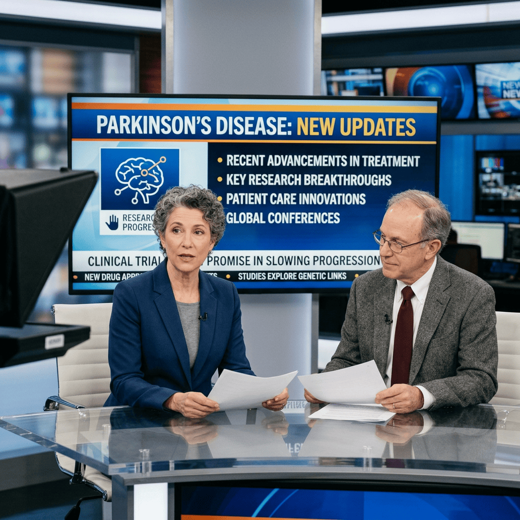 Two presenters discuss Parkinson’s disease updates beside a medical news graphic